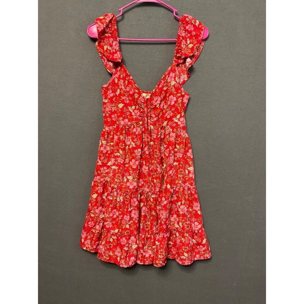 Boho Band of the Free Dress Small Red‎ Floral Ruffle Strap Cottagecore Peasant